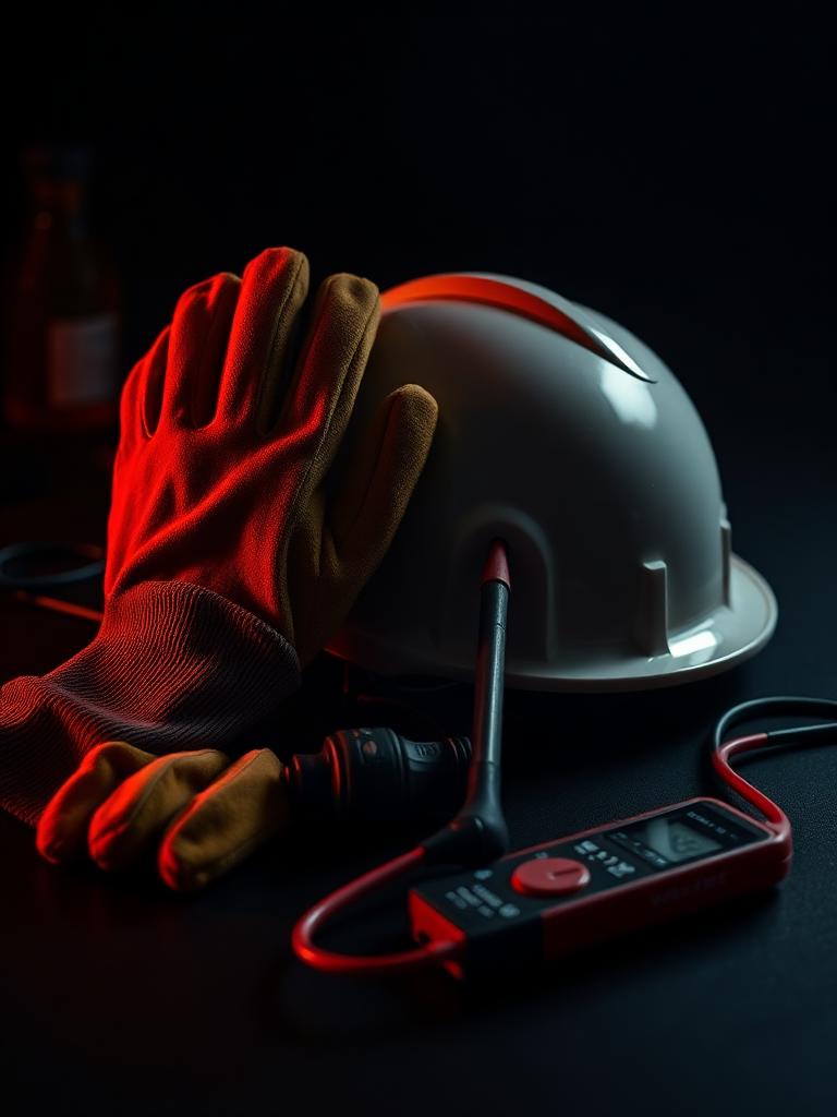 Equipamentos de proteção individual do eletricista: luvas, capacete e detector de tensão — aula de normas e segurança do curso ELETROPRO