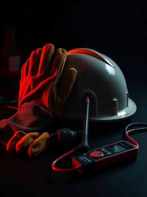Equipamentos de proteção individual do eletricista: luvas, capacete e detector de tensão — aula de normas e segurança do curso ELETROPRO